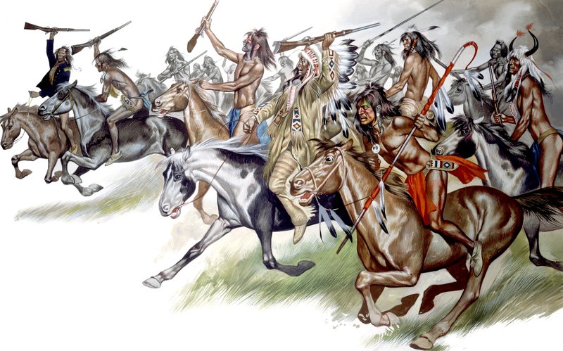 Índios nativos americanos a cavalo (guache sobre papel) de Ron Embleton