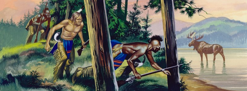 Índios nativos americanos a perseguir um alce (guache sobre papel) de Ron Embleton