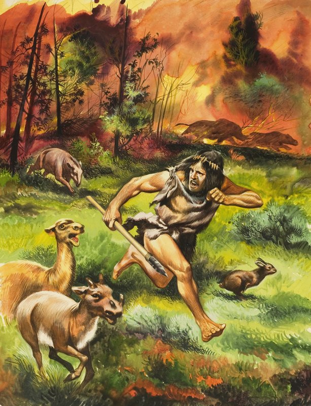 Homem da Idade da Pedra a fugir do fogo de Ron Embleton