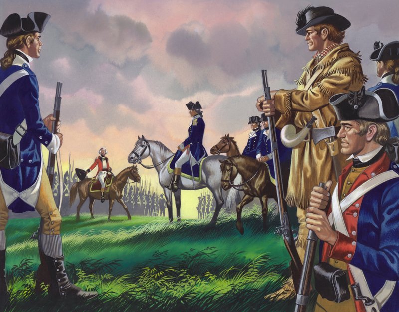 Rendição do general Cornwallis ao comandante americano em Yorktown, Virgínia, em 19 de outubro de 1781 () (guache sobre papel) de Ron Embleton