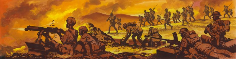 A Batalha de Keren, vitória das tropas indianas e sudanesas do exército britânico (guache sobre papel) de Ron Embleton