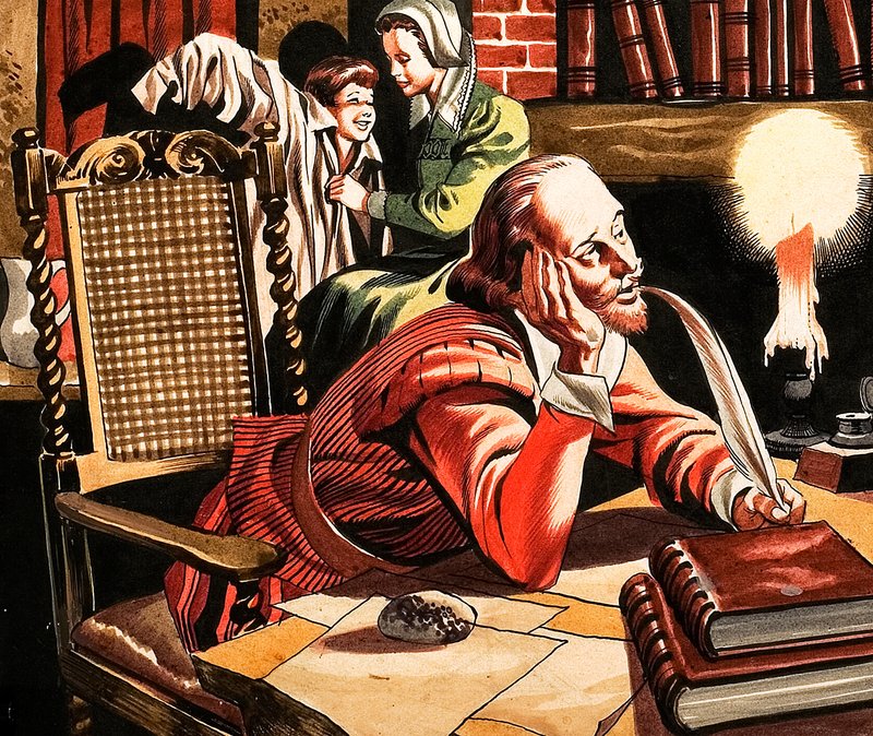 William Shakespeare a escrever em casa de Ron Embleton