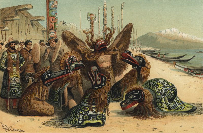 Dança de máscara do povo Nuxalk da Colúmbia Britânica de Rudolf Cronau