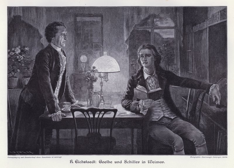 Os escritores alemães Friedrich Schiller e Johann Wolfgang von Goethe em Weimar (gravura) de Rudolf Eichstaedt