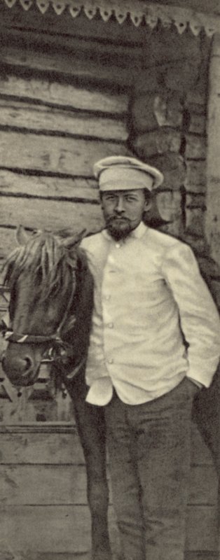 Anton Chekhov em sua propriedade de Melikhovo, Rússia, junho de 1898 (foto a p/b) de Russian Photographer
