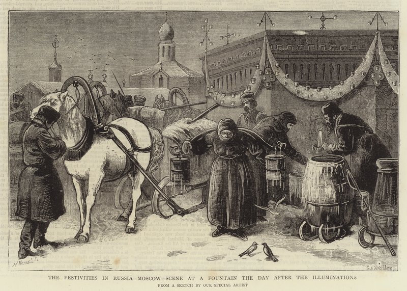 As festividades na Rússia, Moscou, cena em uma fonte no dia após as iluminações de Samuel Edmund Waller