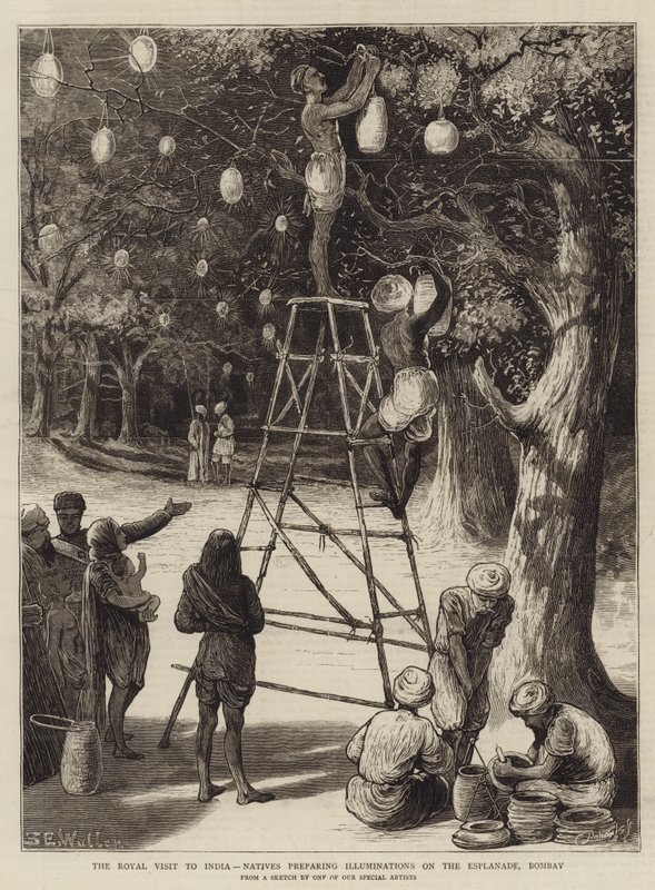 A Visita Real à Índia, Nativos preparando Iluminações na Esplanada, Bombaim de Samuel Edmund Waller