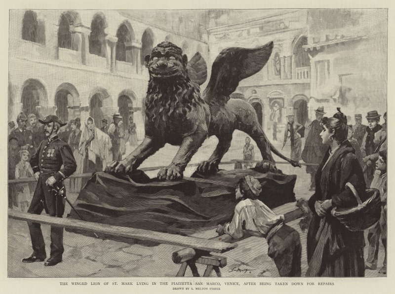 O Leão Alado de São Marcos deitado na Piazzetta San Marco, Veneza, depois de ter sido levado para reparos de Samuel Melton Fisher