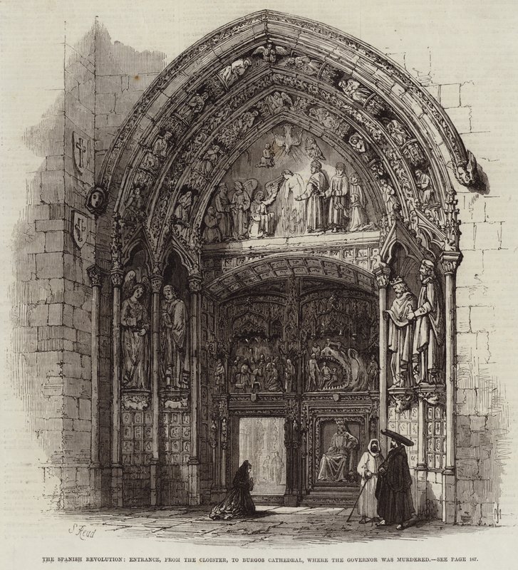 A Revolução Espanhola, entrada, do claustro, a Catedral de Burgos, onde o governador foi assassinado de Samuel Read