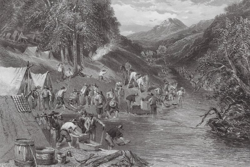 Austrália: Lavagem de ouro de aluvião (gravura) de Samuel (after) Prout