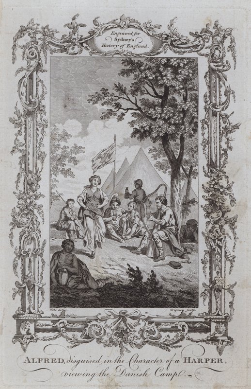 Alfred, disfarçado na personagem de um Harper, vendo o acampamento dinamarquês (gravura) de Samuel (after) Wale