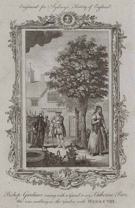 O Bispo Gardiner vem com uma Guarda para apanhar Catherine Parr, que caminhava no Jardim com Henrique VIII (gravura) de Samuel (after) Wale