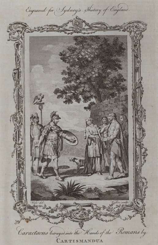 Caractacus traído nas Mãos dos Romanos por Cartismandua (gravura) de Samuel (after) Wale