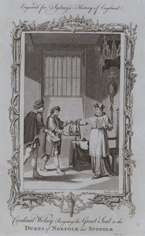 Cardeal Wolsey Resignando o Grande Selo aos Duques de Norfolk e Suffolk (gravura) de Samuel (after) Wale