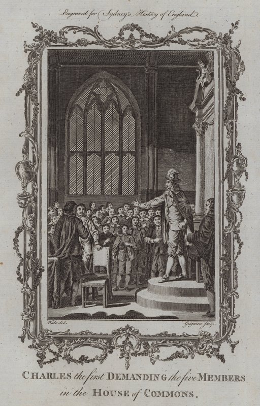 Charles, o primeiro a exigir os cinco membros da Câmara dos Comuns (gravura) de Samuel (after) Wale