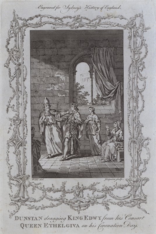 Dunstan arrastando o Rei Edwy do seu Consorte, a Rainha Ethelgiva no seu Dia de Coroação (gravura) de Samuel (after) Wale