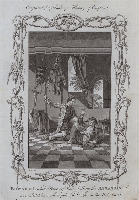 Eduardo I, enquanto o Príncipe de Gales matava o Assassino que o feriu com uma Adaga envenenada, na Terra Santa (gravura) de Samuel (after) Wale