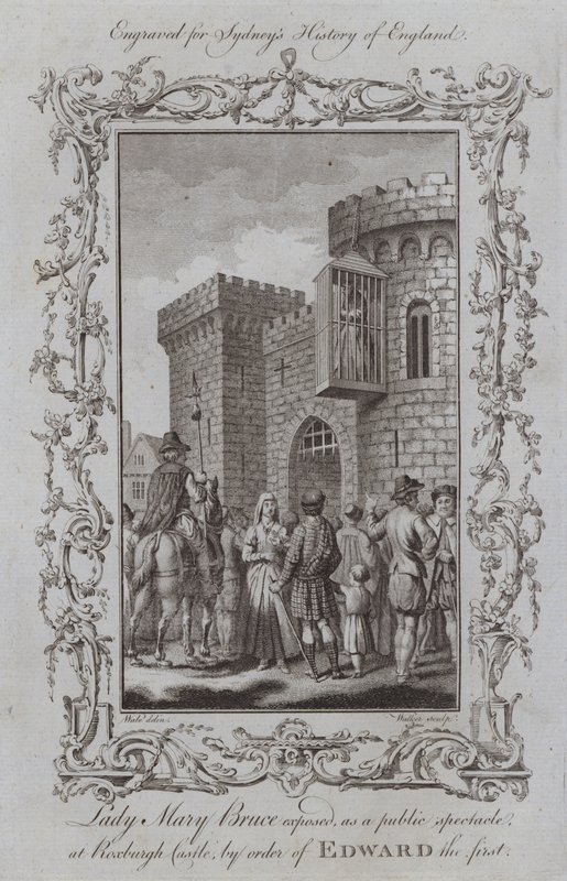 Lady Mary Bruce expôs, como espetáculo público, no Castelo de Roxburgh, por ordem de Edward o primeiro (gravura) de Samuel (after) Wale