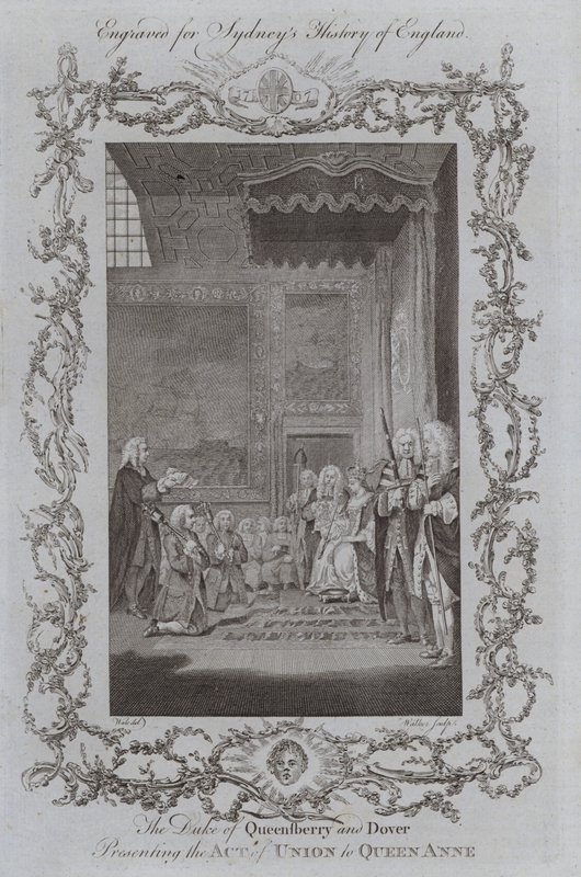 O Duque de Queensberry e Dover Apresentando o Acto de União à Rainha Ana (gravura) de Samuel (after) Wale