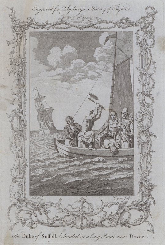 O Duque de Suffolk é decapitado num longo barco perto de Dover (gravura) de Samuel (after) Wale