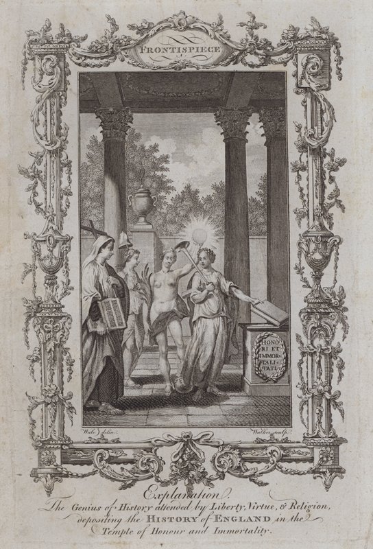 O Gênio da História atendido pela Liberdade, Virtude e Religião, depositando a História da Inglaterra no Templo de Honra e Imortalidade (gravura) de Samuel (after) Wale