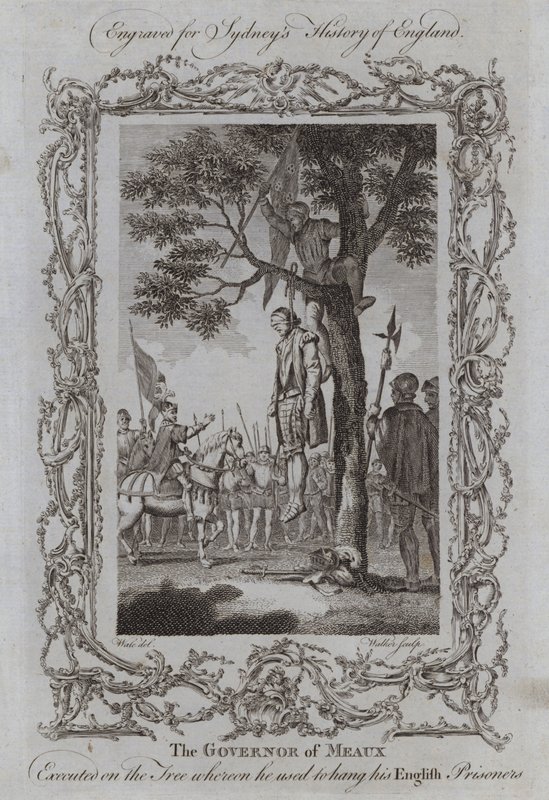 O Governador de Meaux Executado na Árvore onde costumava enforcar os seus prisioneiros ingleses (gravura) de Samuel (after) Wale