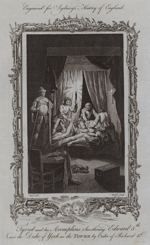 Tyrrel e seus Cúmplices Asfixiando Edward V e o Duque de York na Torre por Ordem de Ricardo III (gravura) de Samuel (after) Wale