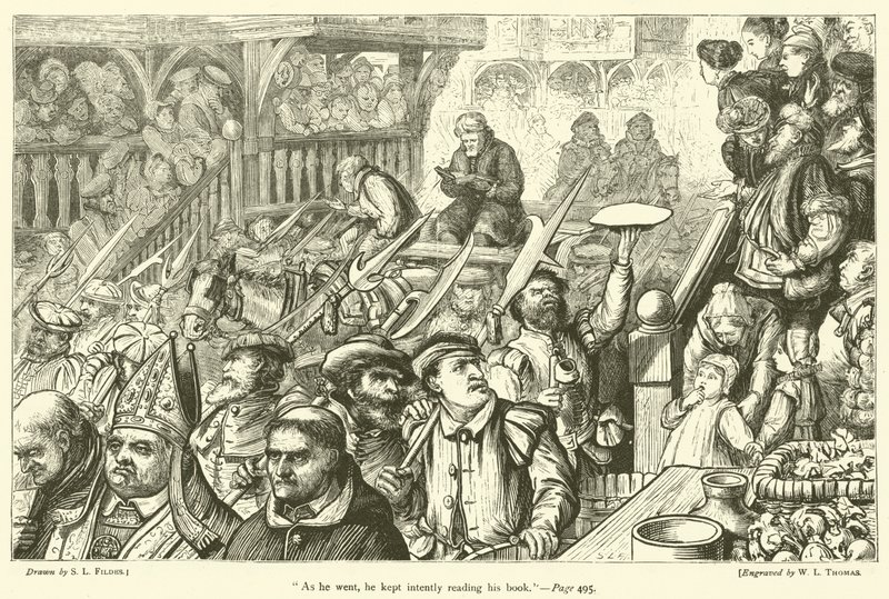 Enquanto ele ia, ele continuou lendo atentamente seu livro de Samuel Luke Fildes