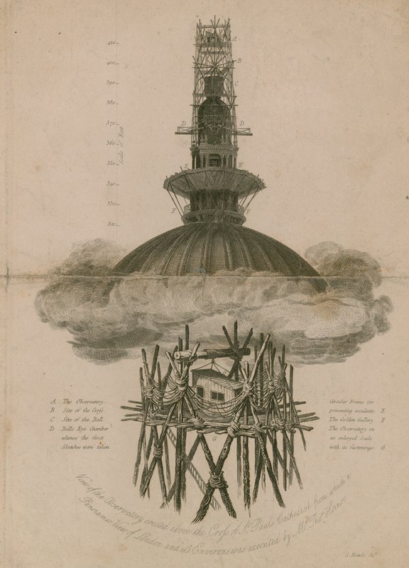 O observatório erigido acima da cruz da Catedral de São Paulo de Samuel Rawle