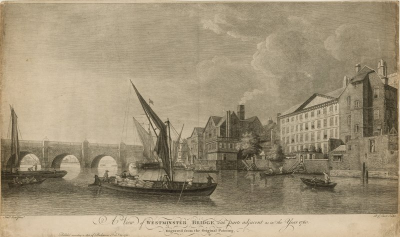 Uma vista da ponte de Westminster com partes adjacentes como no ano 1760 de Samuel Scott
