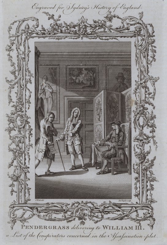 Pendergrass entregando a William III uma lista dos conspiradores envolvidos na trama do assassinato de Samuel Wale