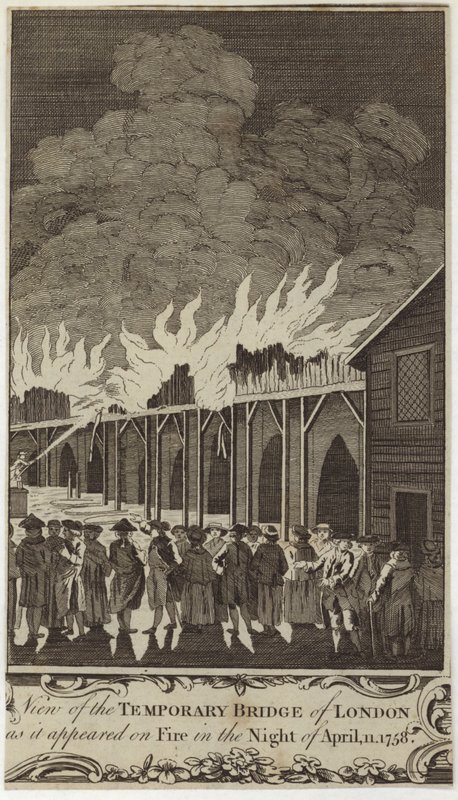 Vista da ponte temporária de Londres como apareceu em chamas na noite de 11 de abril de 1758 de Samuel Wale