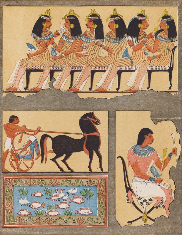 Frescos de um antigo túmulo egípcio, Tebas (litografia a cores) de School Egyptian