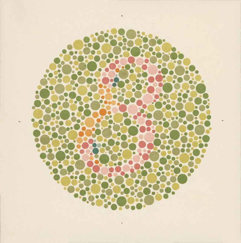 Teste de cor de Ishihara para detetar o daltonismo. (litografia a cores) de School Japanese