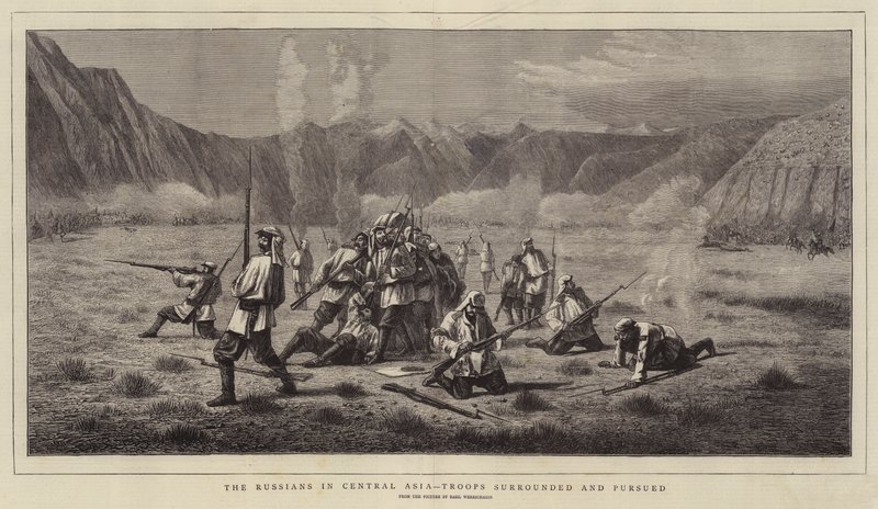 Os russos na Ásia Central, Tropas cercadas e perseguidas (gravura) de School Russian