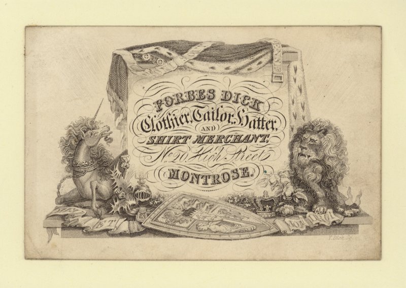 Anúncio para Forbes Dick, coador; alfaiate, chapeleiro e comerciante de camisas, Montrose, Forfarshire, Escócia (gravura) de Scottish School