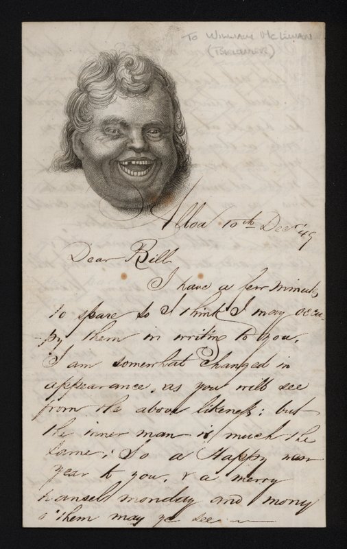 Carta escrita em papel para escrever com o rosto de um homem que ri (gravura) de Scottish School