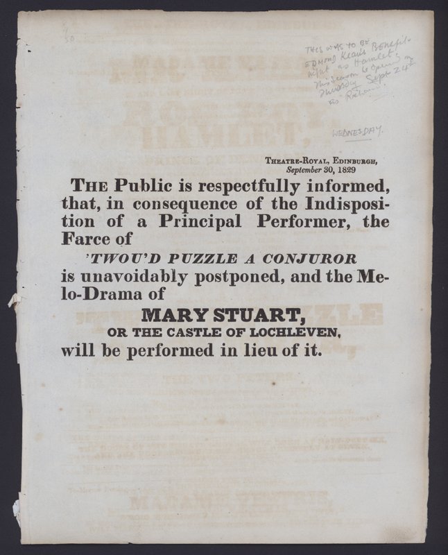 Aviso de uma mudança na apresentação facturada no Theatre Royal, Edimburgo, 30 de Setembro de 1829 (litho) de Scottish School