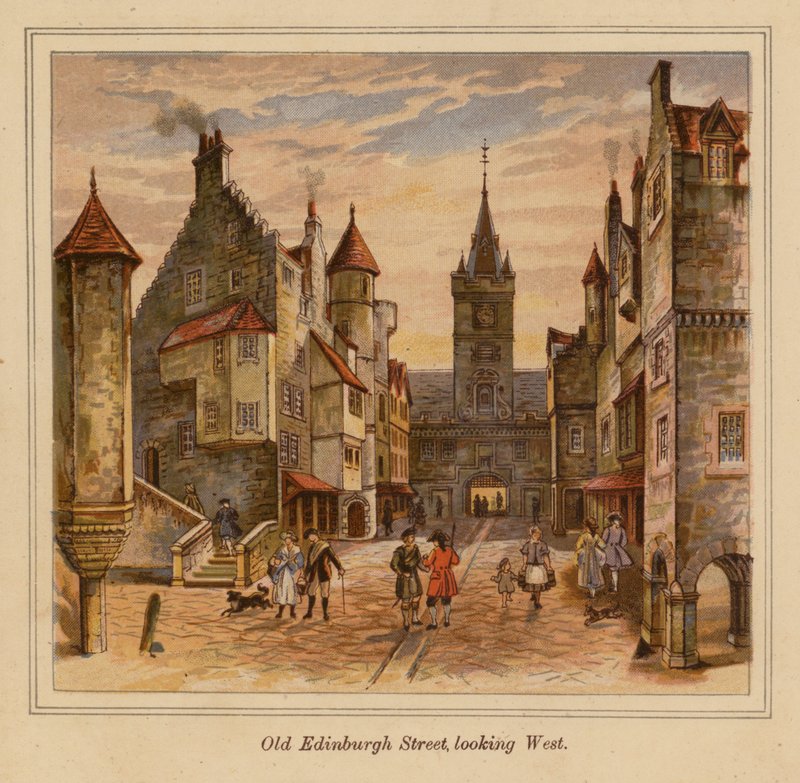 Old Edinburgh Street virada para oeste (litografia a cores) de Scottish School