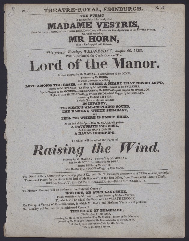 Programa de teatro para o Teatro Royal, Edimburgo, 20 de Agosto de 1823 (litho) de Scottish School