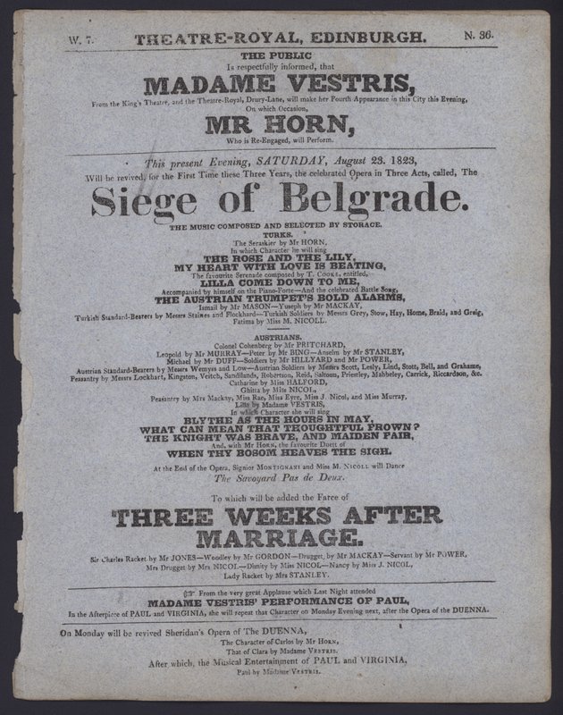 Programa de teatro para o Theatre Royal, Edimburgo, 23 de Agosto de 1823 (litho) de Scottish School