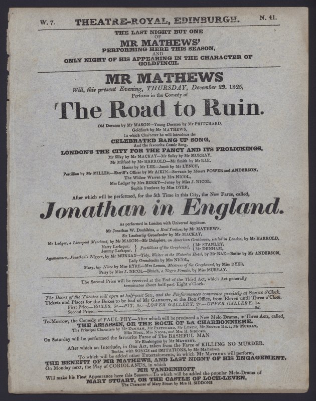 Programa de teatro para o Theatre Royal, Edimburgo, 29 de Dezembro de 1825 (litho) de Scottish School