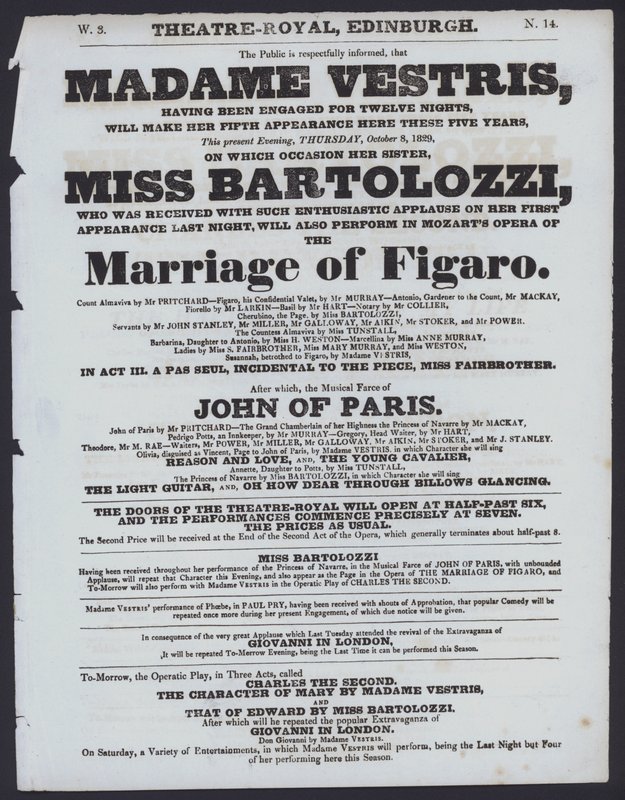 Programa de teatro para o Theatre Royal, Edimburgo, 8 de Outubro de 1829 (litho) de Scottish School