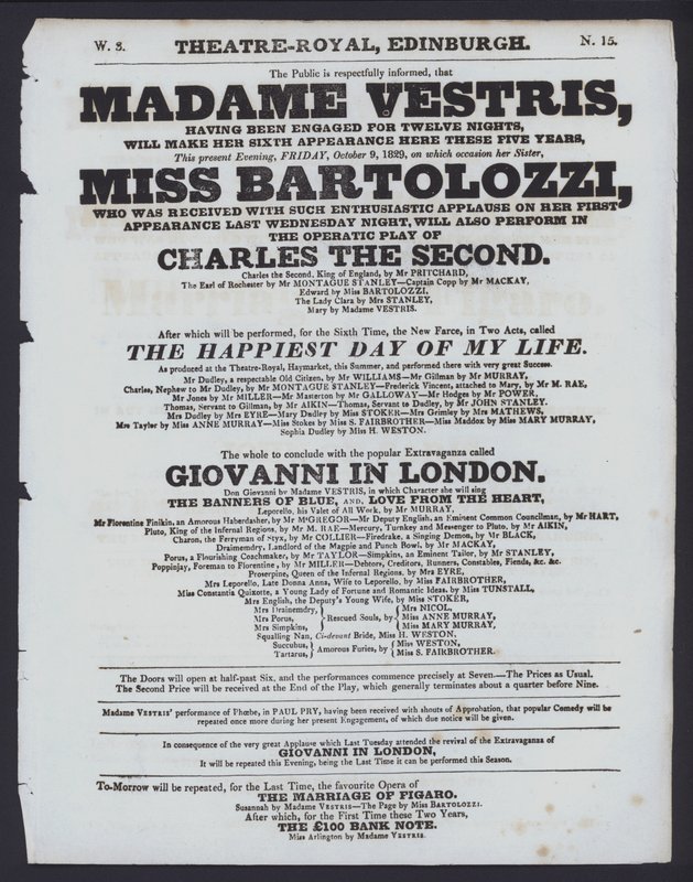 Programa de teatro para o Theatre Royal, Edimburgo, 9 de Outubro de 1829 (litho) de Scottish School