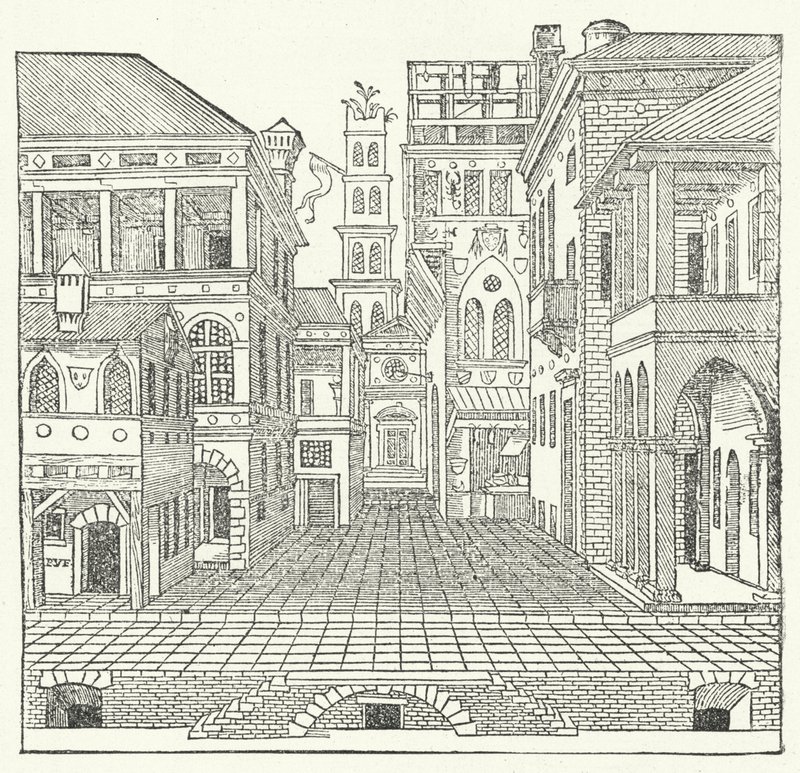 Design de palco do arquiteto italiano maneirista Sebastiano Serlio para uma comédia de Sebastiano Serlio