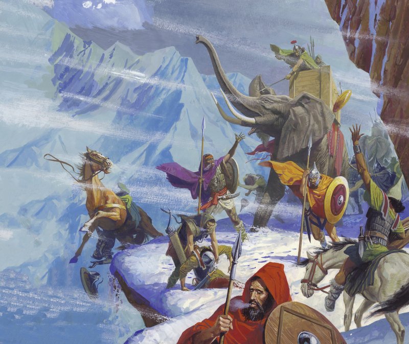 Aníbal (247-c.183 a.C.) atravessa os Alpes (guache sobre papel) de Severino Baraldi