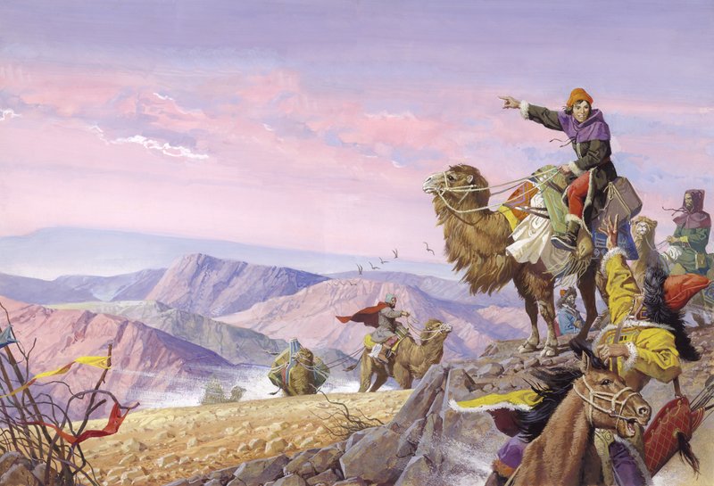 Marco Polo no longo caminho para Cathay, século XX (guache sobre papel) de Severino Baraldi