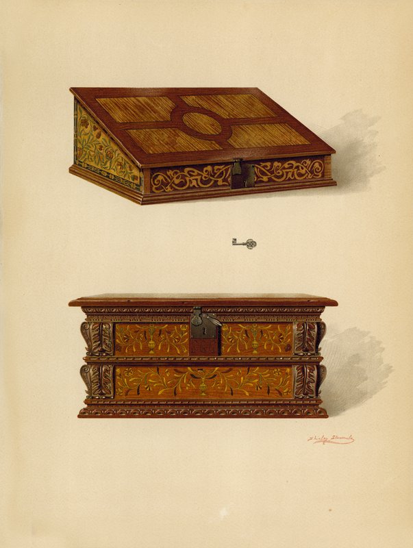 Caixa Embutida de Carvalho, propriedade de Edward Quilter; Caixa Embutida de Carvalho, propriedade de Edward Quilter (cromolitho) de Shirley Charles Llewellyn Slocombe