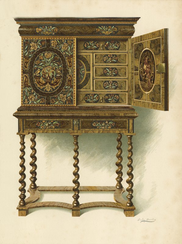 Armário de Noz Incrustado com Marqueterie, a propriedade de Hon Charlotte Maria Senhora Norte e R Eden Dickson (cromolitro) de Shirley Charles Llewellyn Slocombe