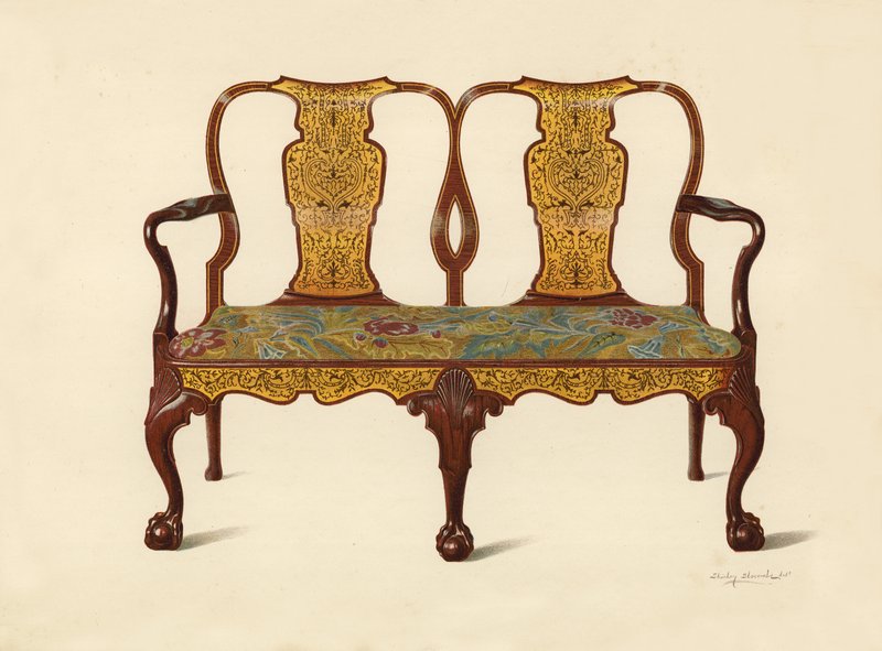 Canapé de nogueira incrustado com Marqueterie, propriedade de Percy Macquoid (chromolitho) de Shirley Charles Llewellyn Slocombe